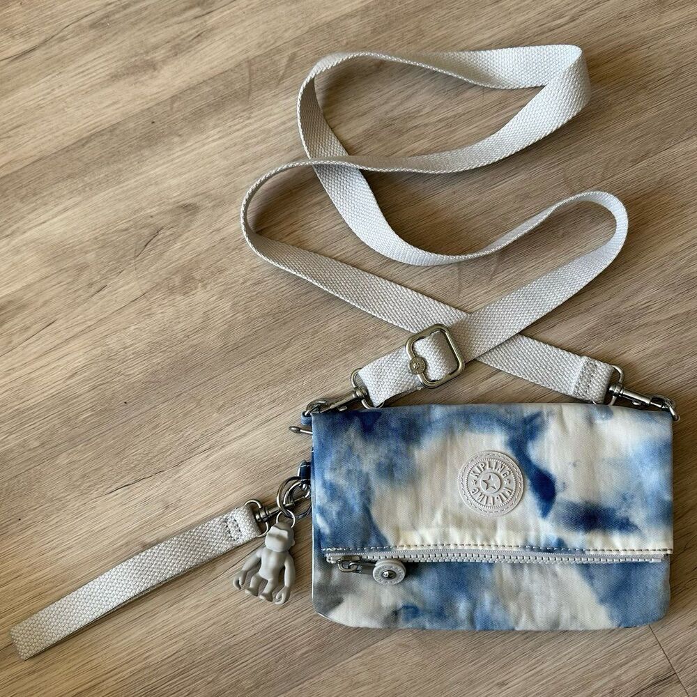 Kipling Lynne Blue White Light Gray Tie Dye Crossbody Bag with Straps & Monkey